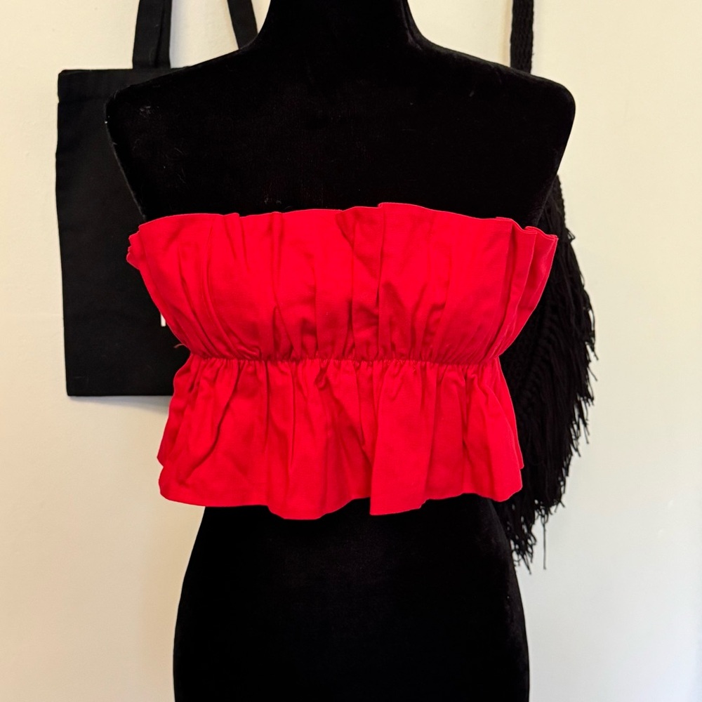 Selfie Leslie 100% Linen Strapless Bandeau Crop Top Coral Red Small